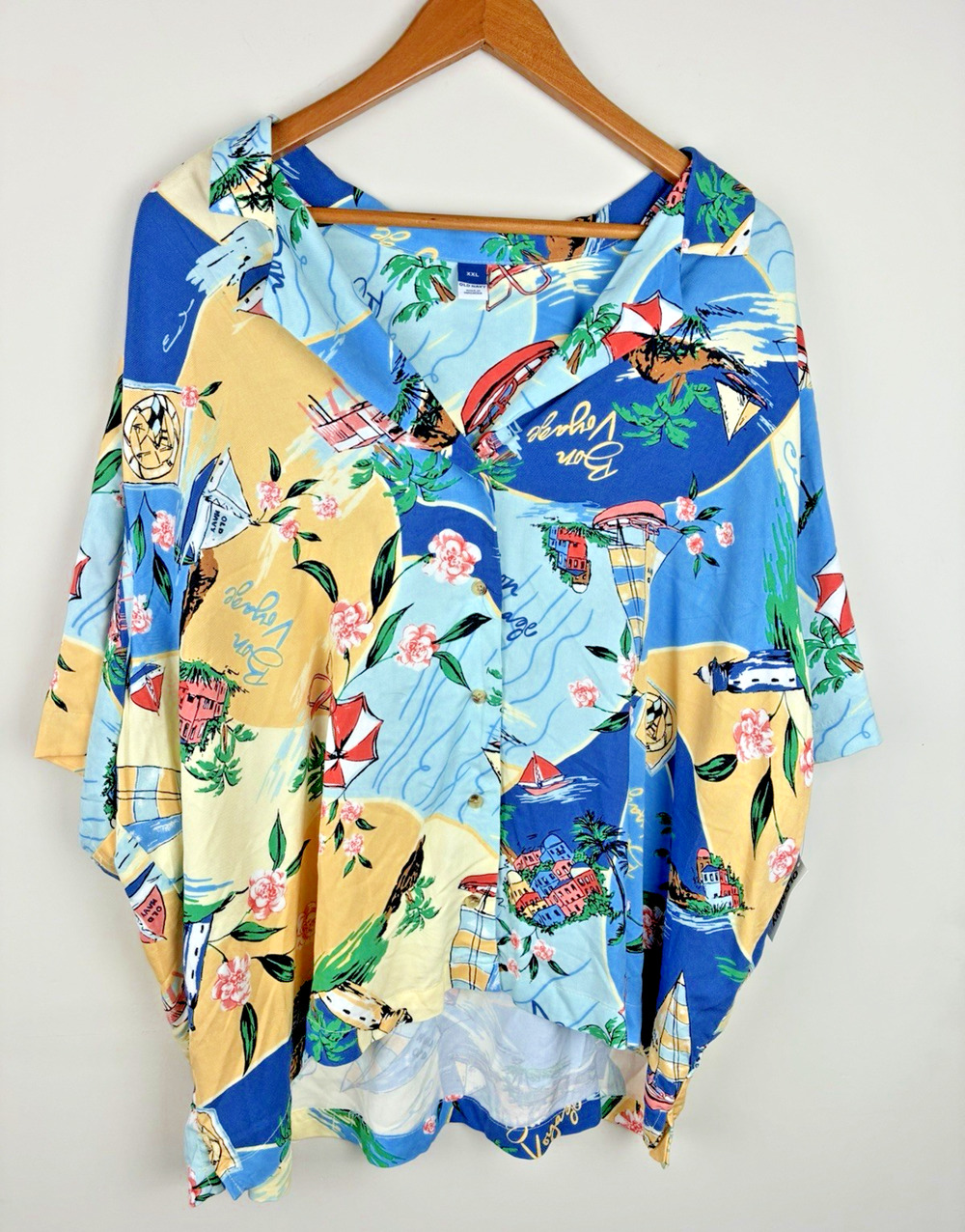 Old Navy Women’s XXL Playa Shirt Beach Scene Tropical Resort Button Front NWT